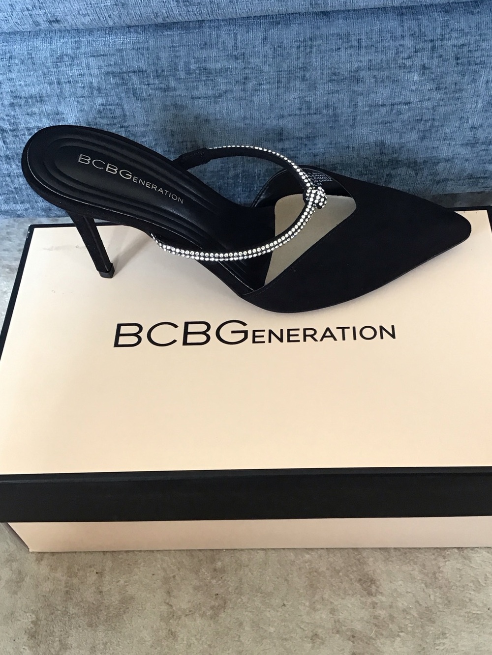 BCBGeneration Berla Black Rhinestone Strap Pointed Toe Mule